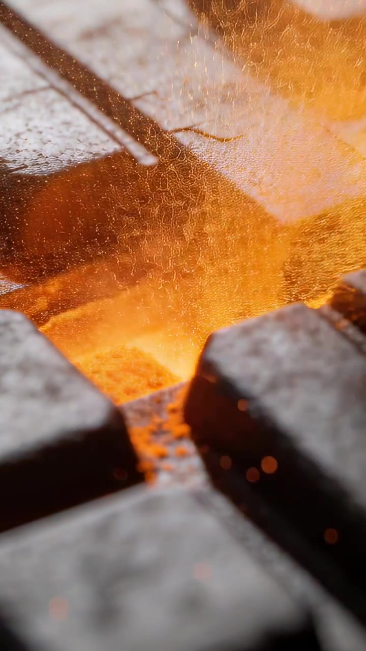 Video verticale: Pinze che si avvicinano e smuovono le braci sulla griglia della forgia, testando il calore e generando scintille.