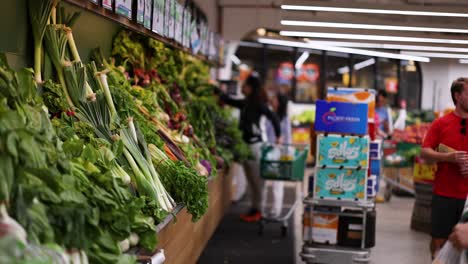 shoppers and employees moving in a grocery store