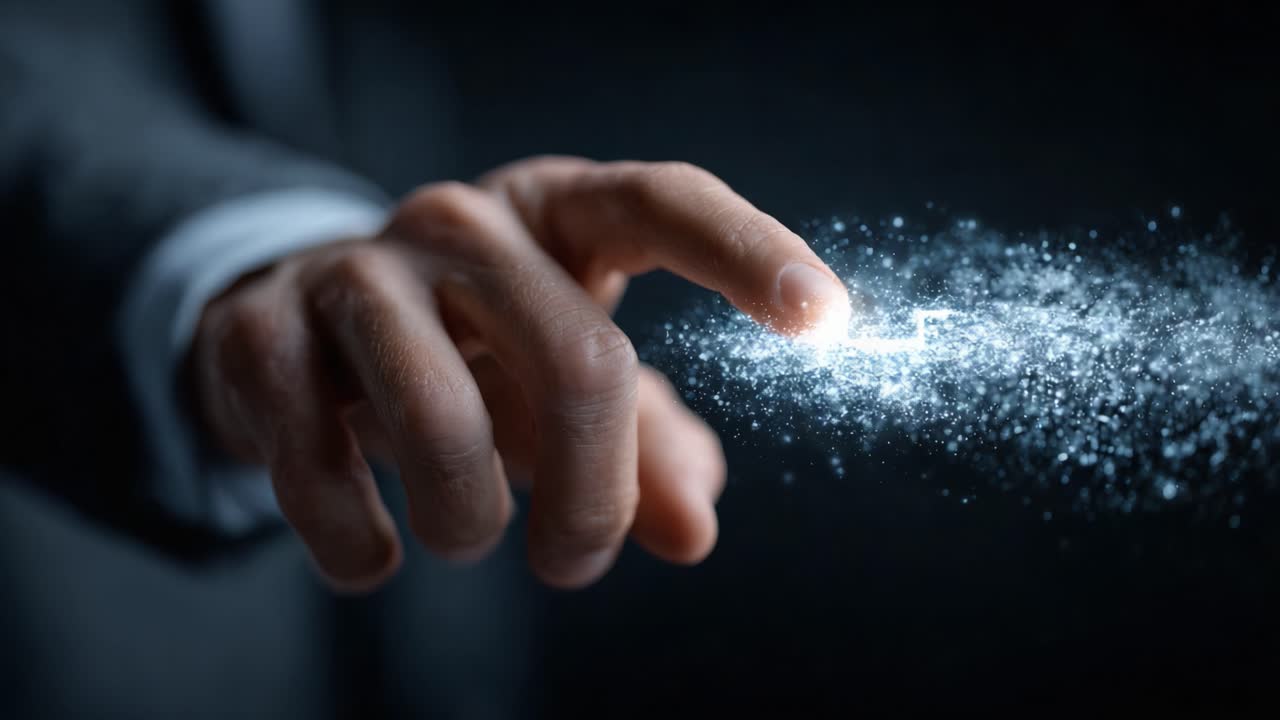 Un primo piano di una mano che si protende in avanti, creando un'illuminazione di particelle scintillanti, rappresentando creatività e innovazione in un'atmosfera misteriosa.