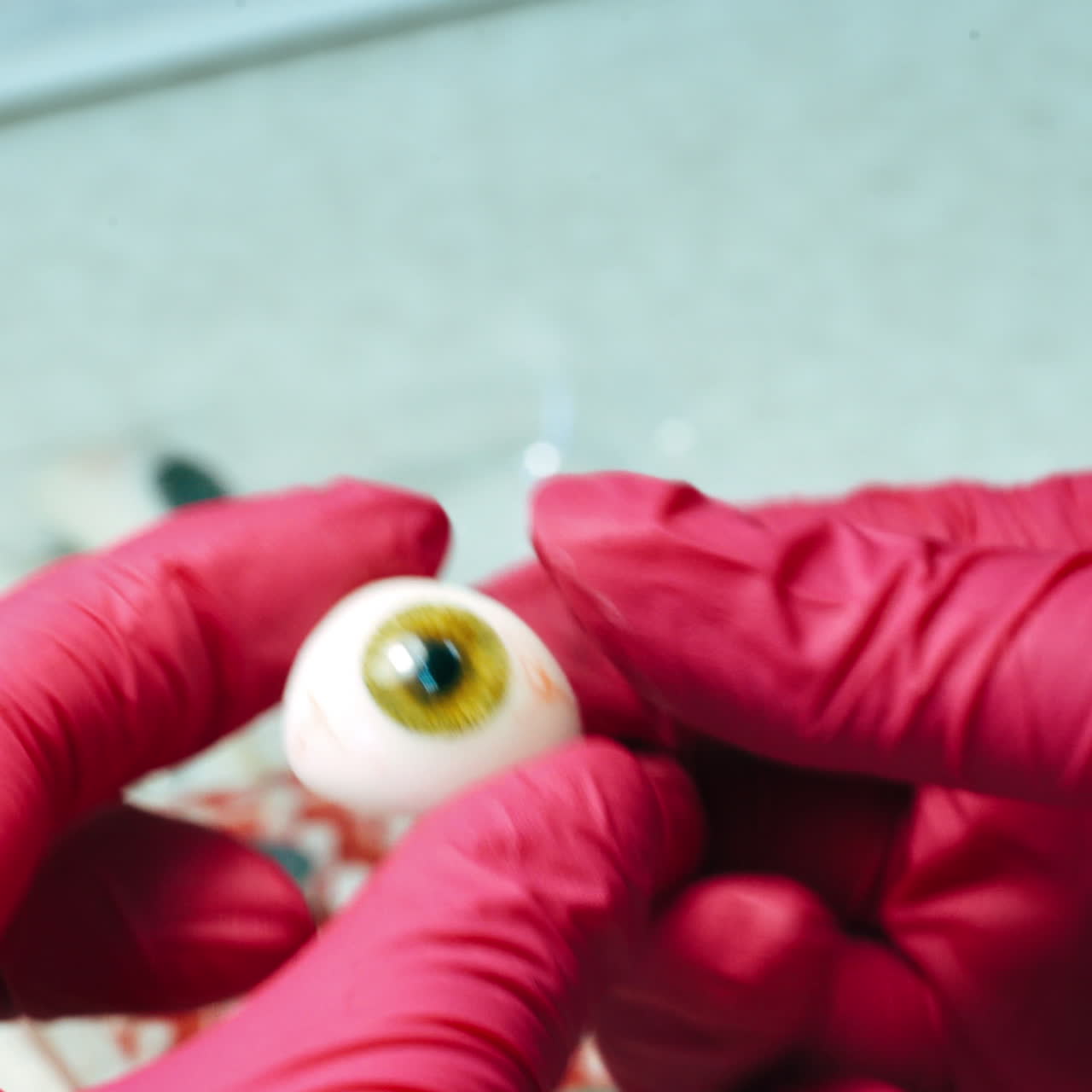 New plastic eye prosthesis in hands with pink gloves. Doctor looks at ready artificial cornea.