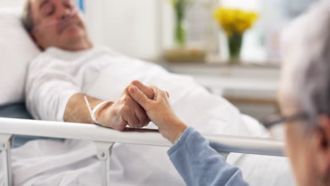 hospital bed, love and senior couple holding