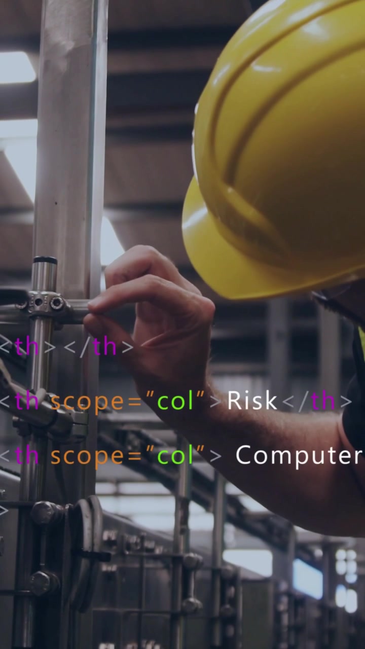 Vertical video: Tech turning pipe clamp while tablet tap causing cyber overlay checking security
