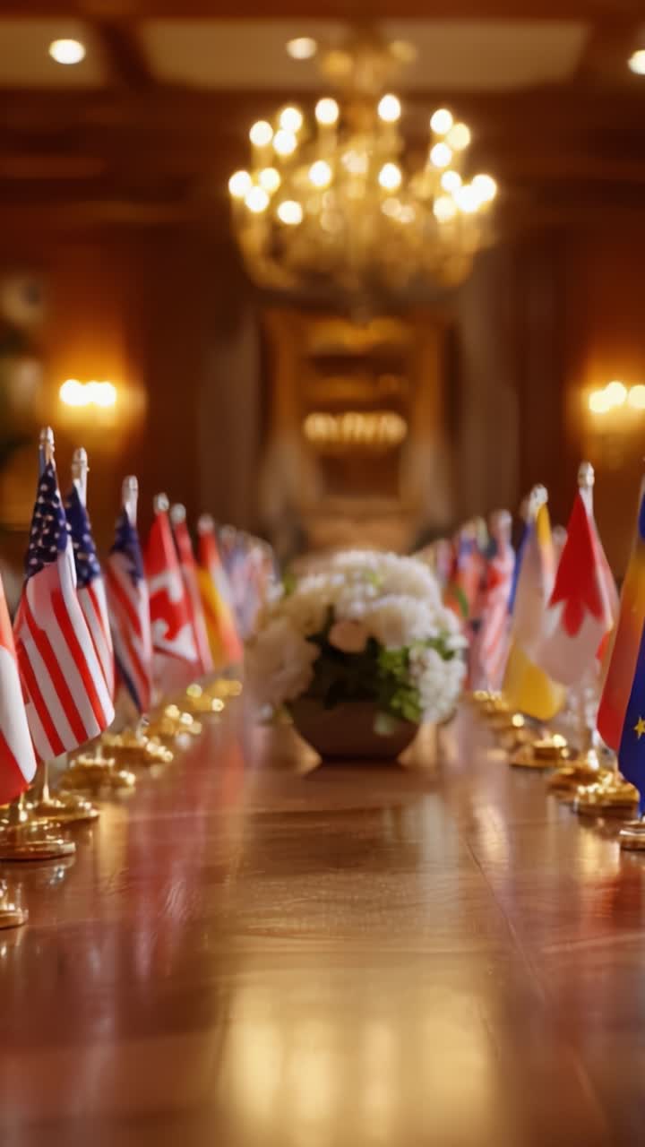 Un grande tavolo da conferenza con bandiere nazionali rappresenta la diplomazia internazionale e l'unità in un ambiente lussuoso con elementi decorativi eleganti