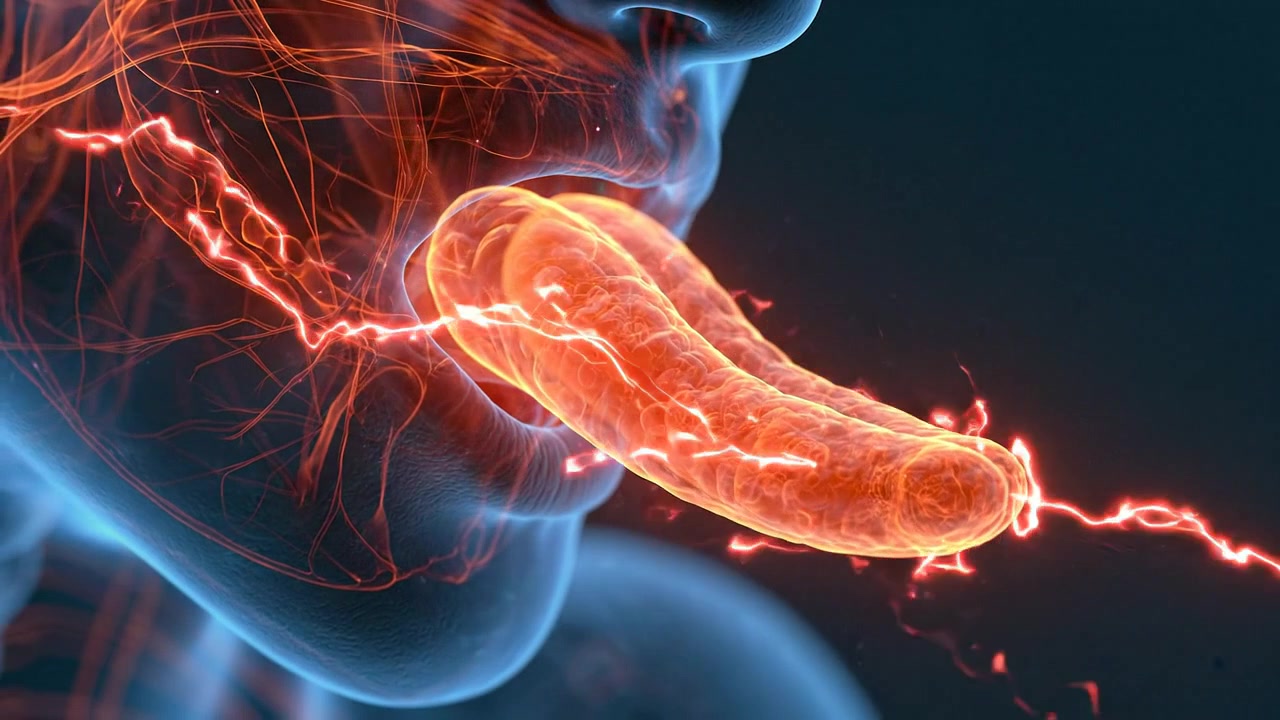 Human digestive organ anatomy visualization with orange highlighted tissue