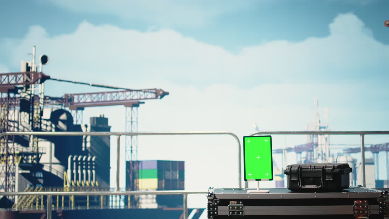 Vertical video Vertical green screen tablet on drilling barge displaying maintenance dashboard