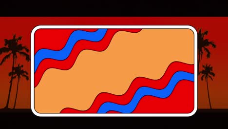Animation-of-red,-blue-and-orange-wavy-lines-in-rectangle,-with-black-palm-trees-on-red