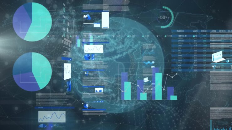 Animasjon av databehandling og aksjemarked over en globus og former.
