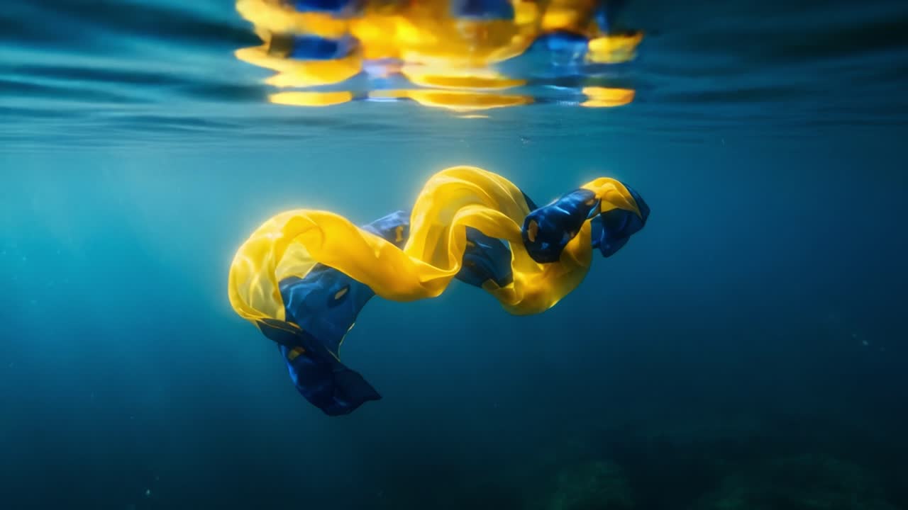 Fluid Motion: Captivating Underwater Scene Featuring a Colorful Yellow and Blue Textile Dancing Gracefully Beneath the Water Surface