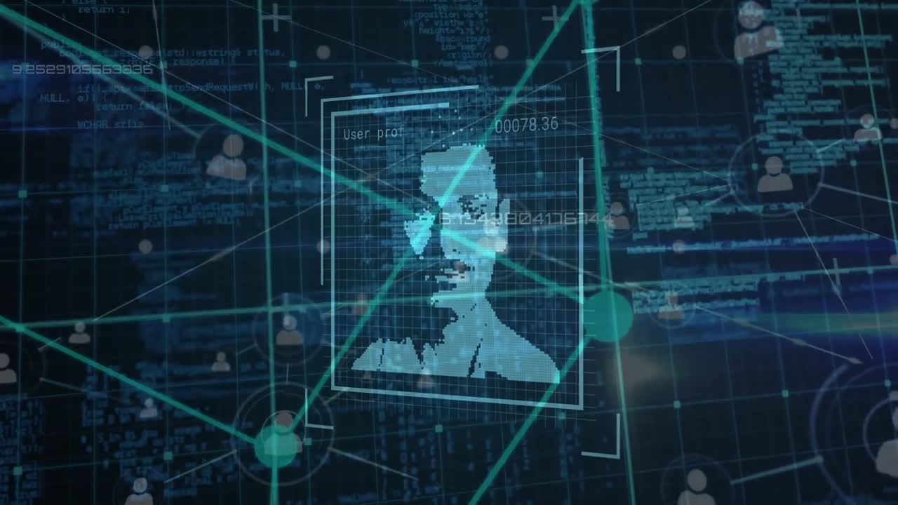 animación del procesamiento de datos con retratos de personas diversas a través de una red de conexiones
