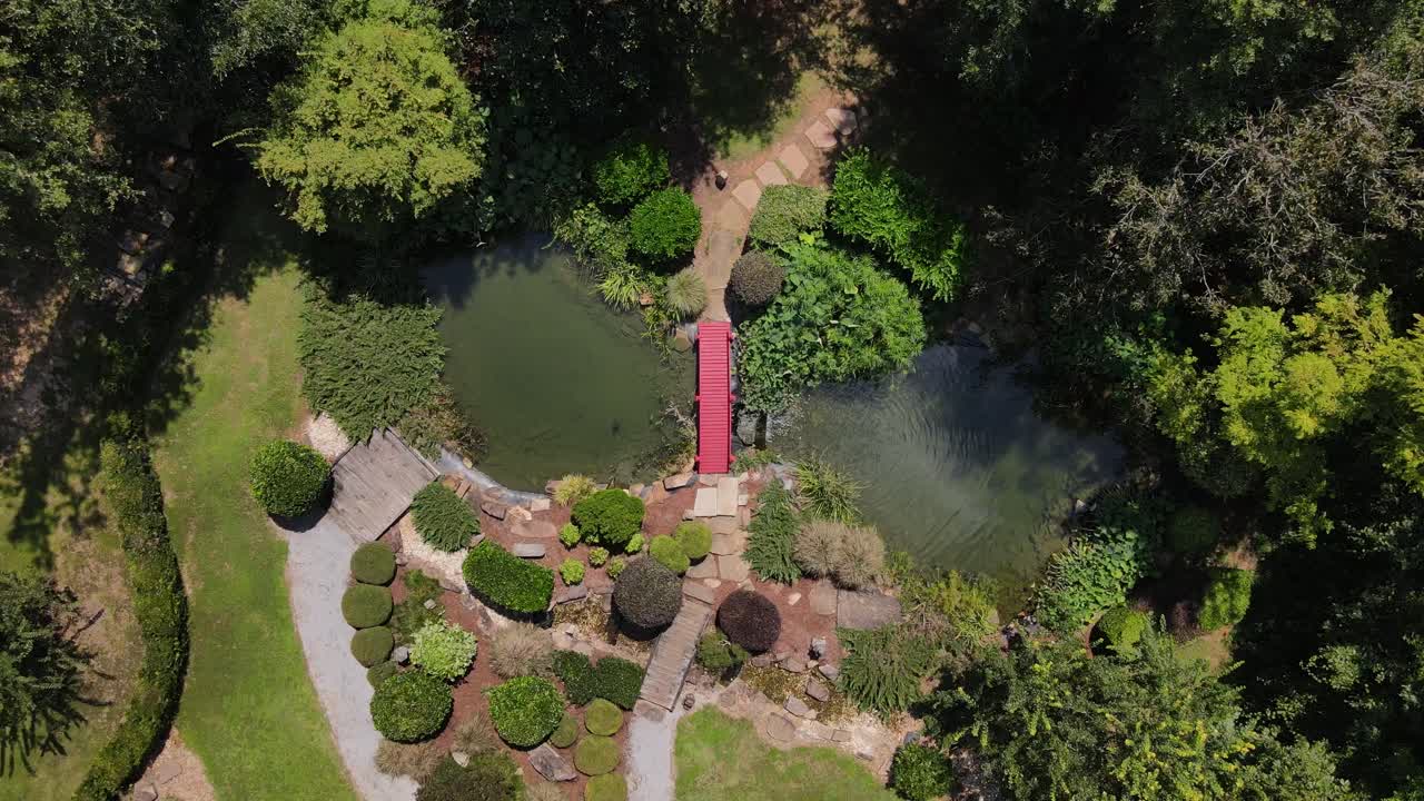 4k fuera del puente del jardín botánico con estanque de peces
