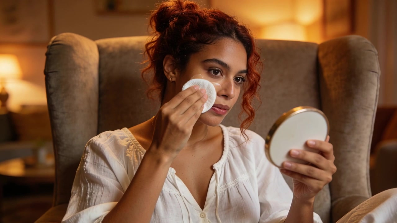 Checking mirror woman in loose white blouse wiping cheeks with cotton pad in armchair, with lamp
