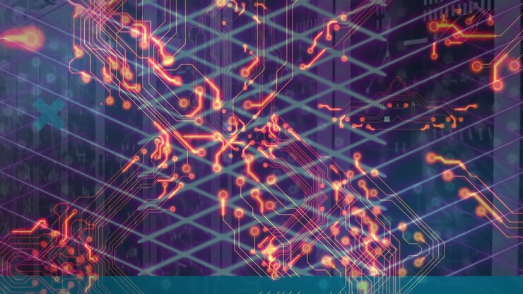 Animation of network of connections and computer circuit board over server room