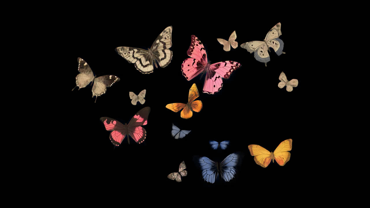 Risorsa animata isolata di farfalle colorate, video 4K trasparente, canale alfa, ProRes 4444
