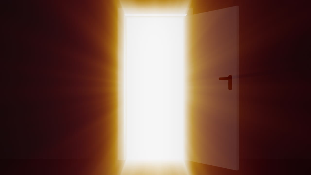 문이 열리고 밝은 빛이 어두운 방으로 흘러 들어갑니다.