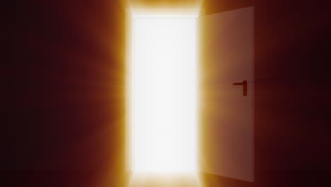 Door opening and bright light flowing into dark room.