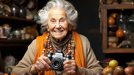 elderly woman enthusiastically holding a camera surrounded by vintage items
