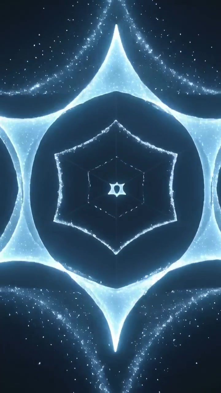 Video verticale: Nucleo stellare nascente che si trasforma e pulsa in un vuoto blu con anelli concentrici