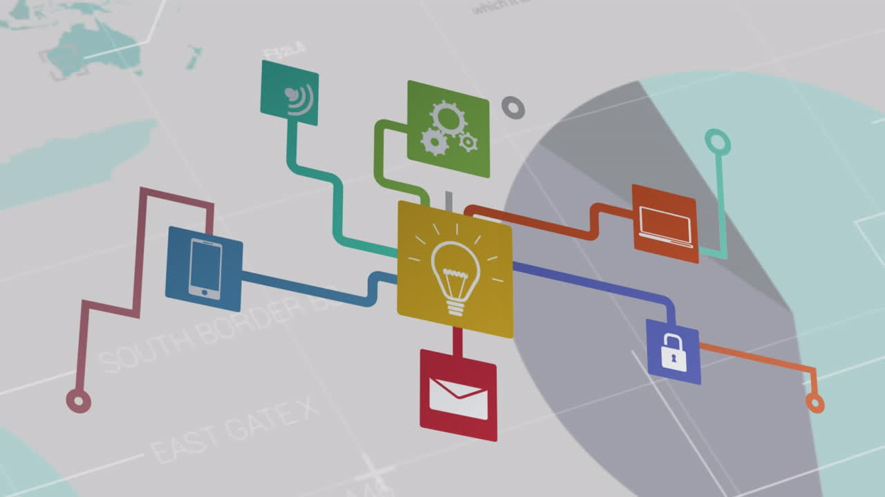 animación de procesamiento de datos e iconos de medios sobre un fondo blanco.