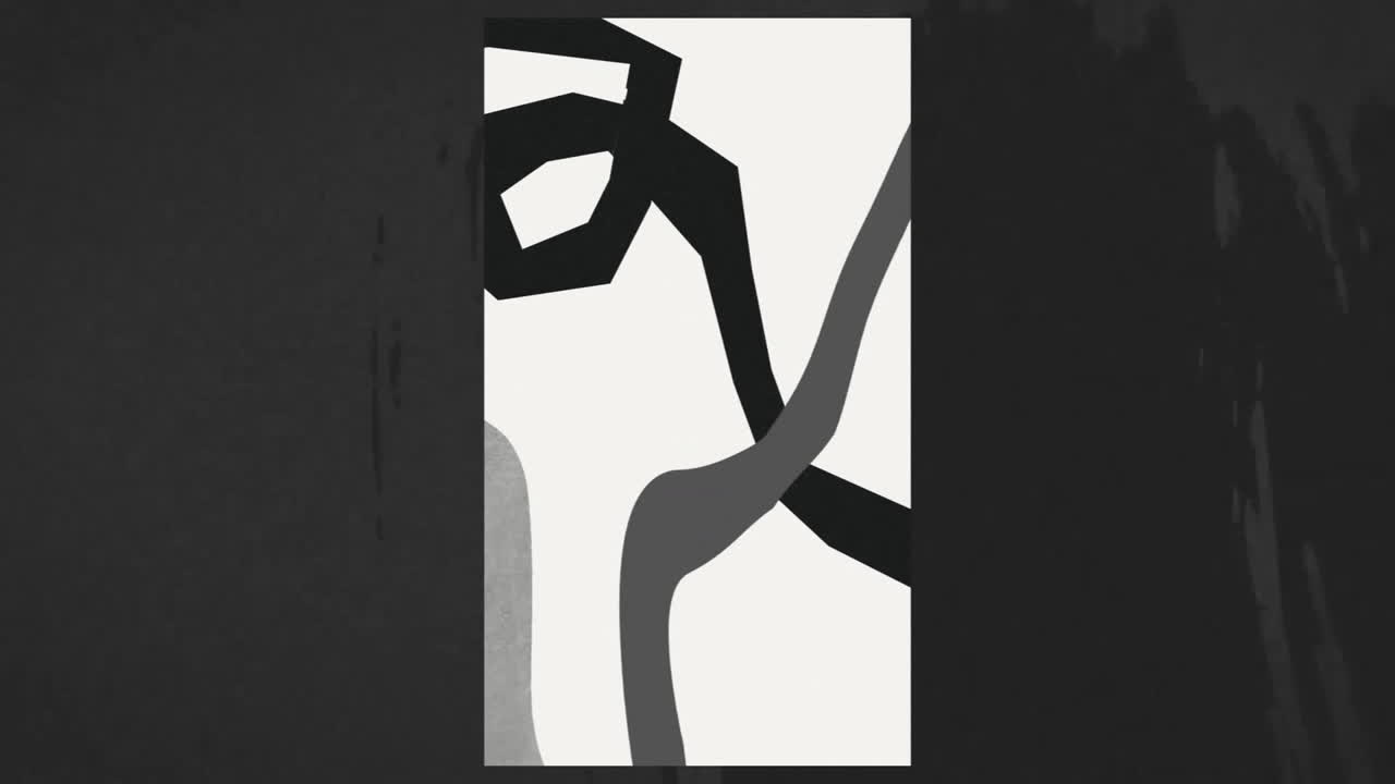 검은색과 회색으로 색에 휘어진 추상적인 선의 애니메이션으로 검은색 측면 경계가 텍스처되어 있습니다.