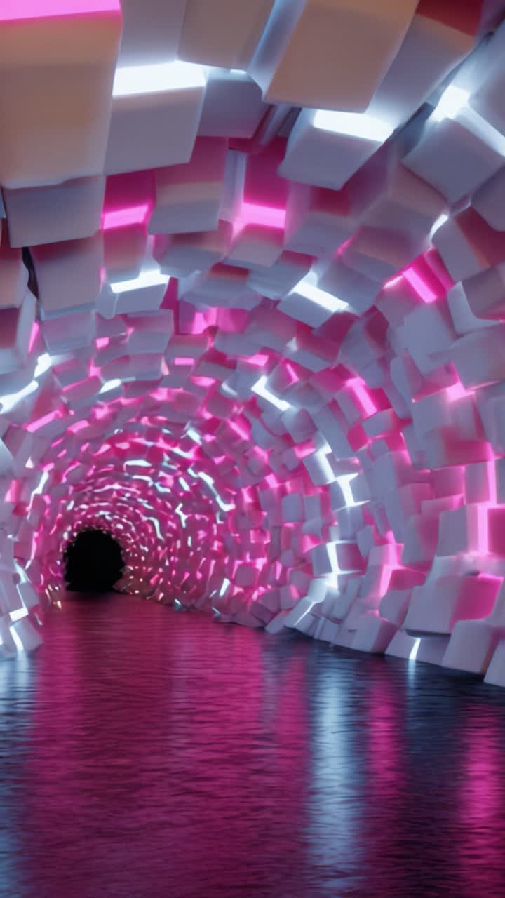 Um túnel abstrato hipnotizante adornado com luzes vibrantes rosa e brancas, criando uma experiência visual deslumbrante enquanto o espectador contempla suas profundezas cativantes