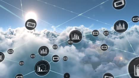 Animation-of-network-of-connections-with-icons-over-clouds-on-sky