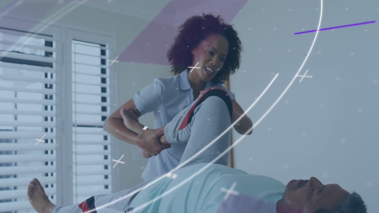 animación de escaneo de alcance sobre diversos médicos y pacientes haciendo ejercicio