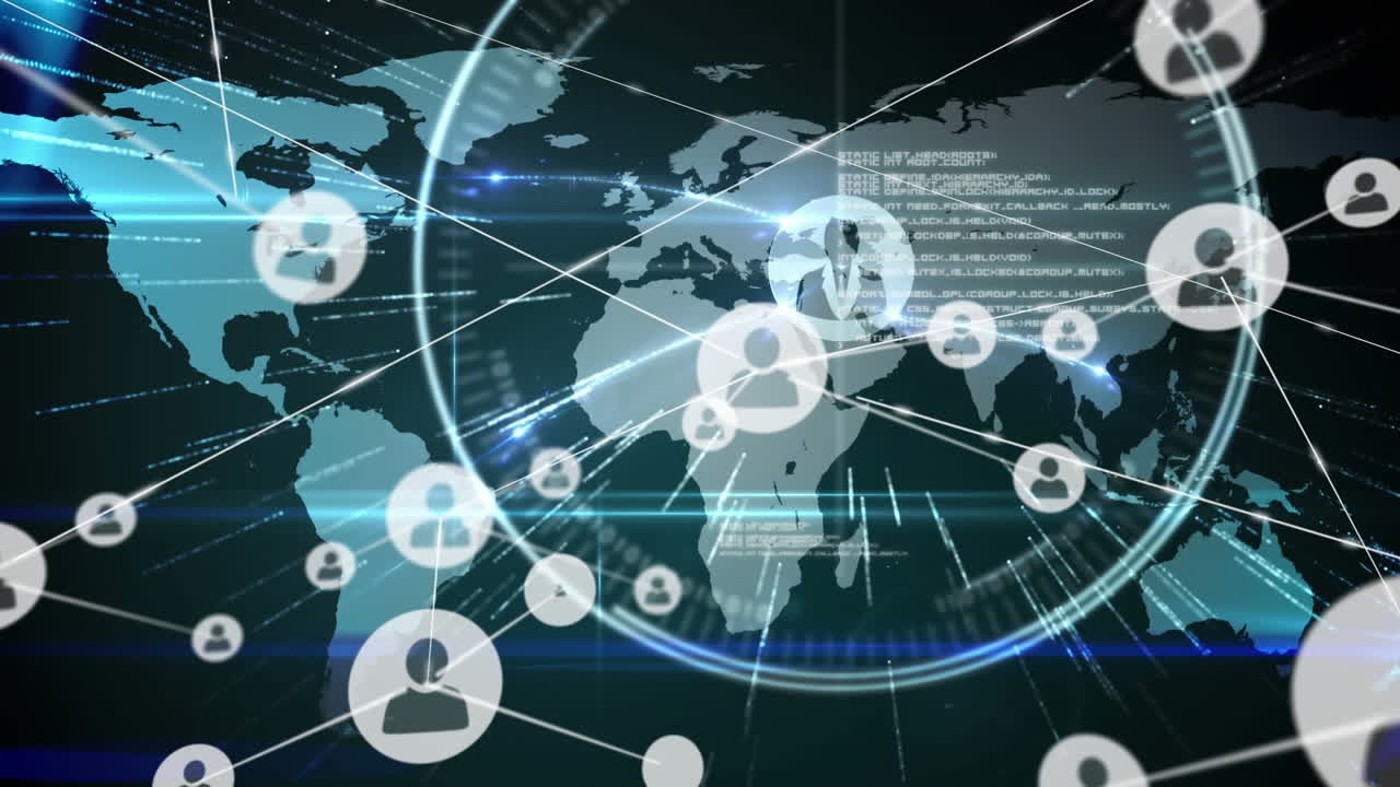 세계 지도 위에 아이콘으로 연결된 네트워크의 애니메이션