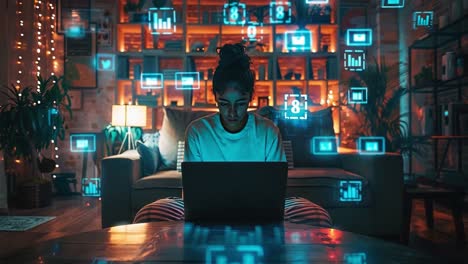 woman engaged with digital information and technology at home