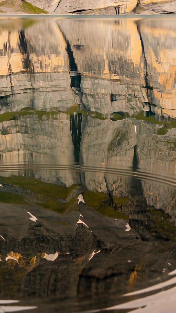 Video vertical: Inquietante reflejo de acantilado rocoso, 3 gaviotas zambulléndose en un lago alpino formando ondas