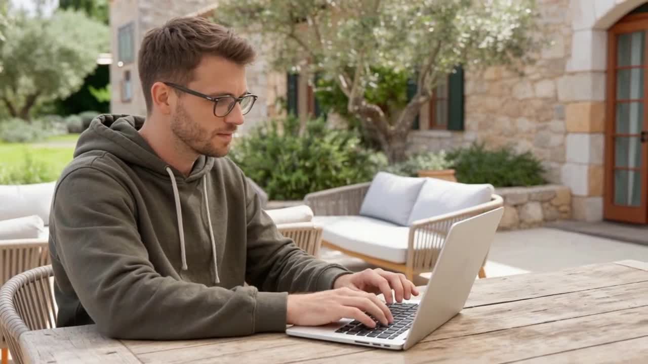 Young Man Typing on Laptop Outdoors at a Wooden Table