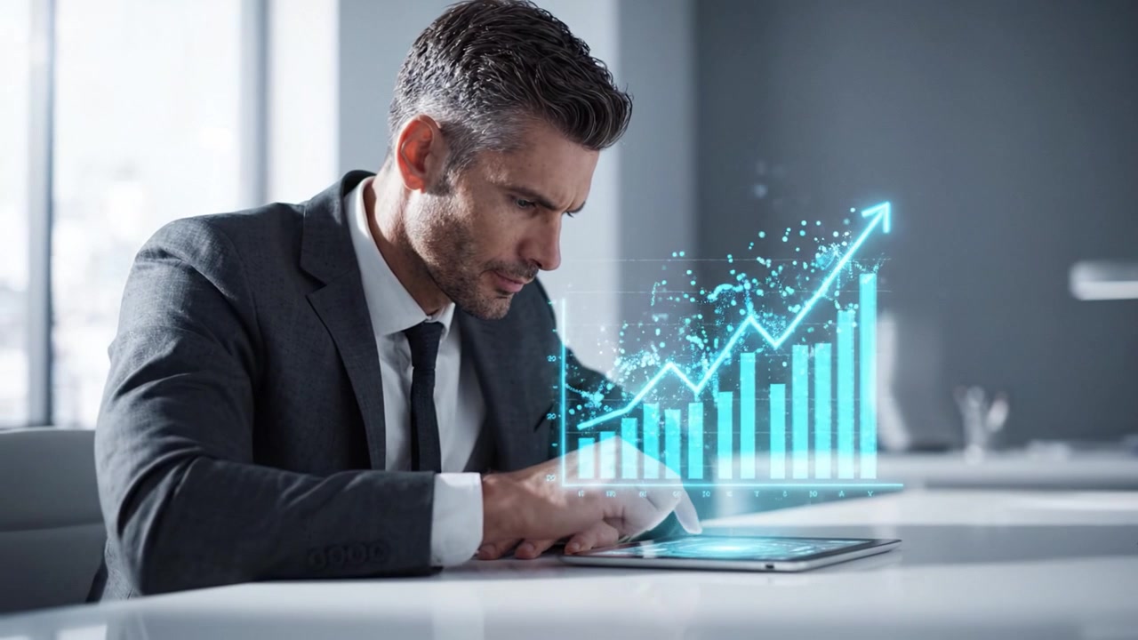Un uomo d'affari concentrato che analizza dati di crescita su un tablet che mostra grafici e diagrammi in un moderno ambiente aziendale con un aspetto professionale.
