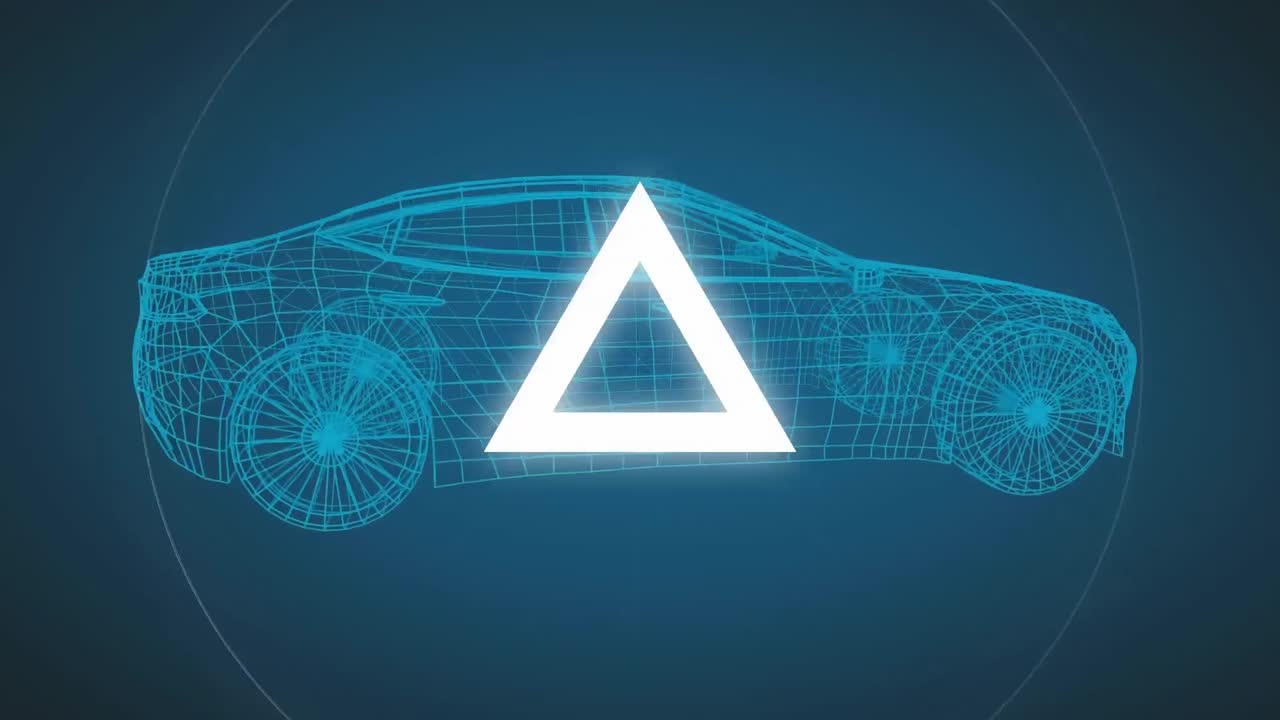 파란색 배경에 디지털 자동차 모델 위에 색 모양의 애니메이션