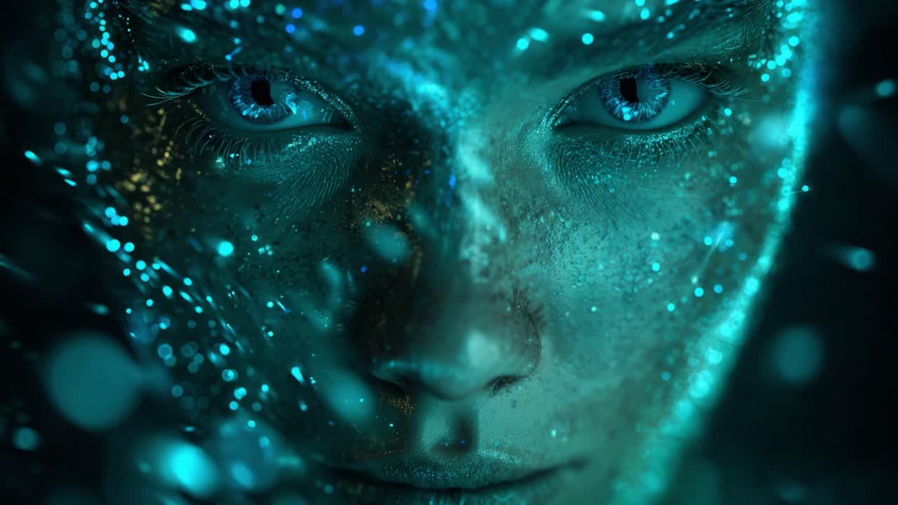 Mesmerizing close up of a man with intense blue eyes, his face adorned with sparkling glitter, slowly opening and closing his eyes in a dark, mysterious, and ethereal atmosphere