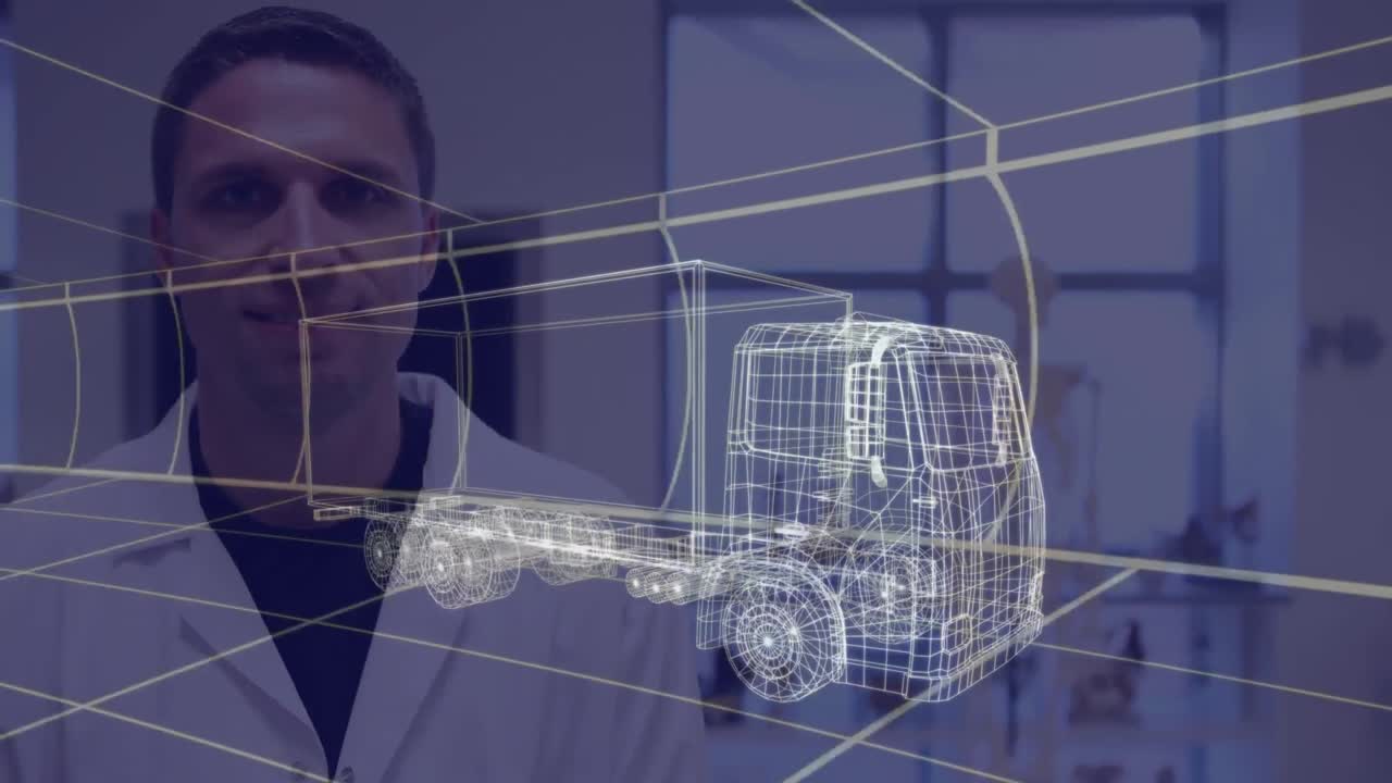 animación de un dibujo de coche en 3d sobre un hombre con bata de laboratorio