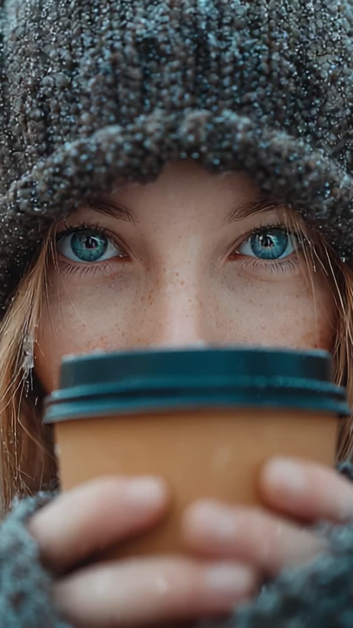 Primo piano di una giovane donna con lentiggini e vivaci occhi azzurri, che tiene in mano una tazza di caffè e indossa un caldo cappello di lana in un ambiente invernale