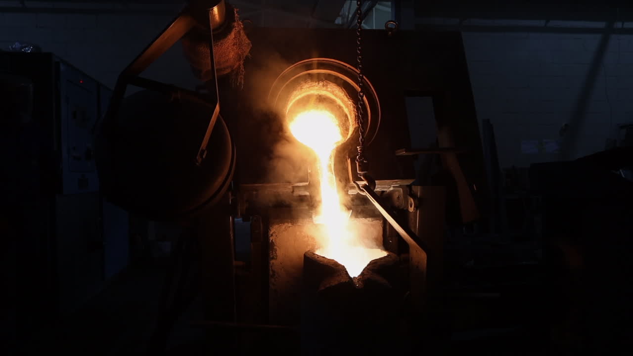 Metal fundido caliente en una fundición industrial se vierte en una cuchara de transferencia.