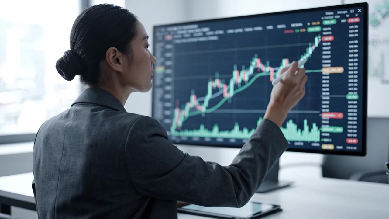 Investitore Concentrato che Analizza le Tendenze del Mercato Finanziario su Doppi Schermi per Prendere Decisioni Informate nelle Strategie di Trading e Opportunità di Investimento