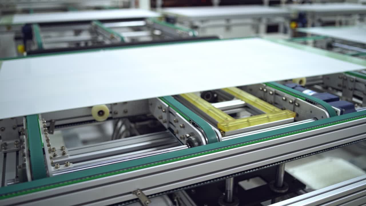 Close-up work of automated equipment for producing solar panels. Modernized factory with innovative technologies indoors.