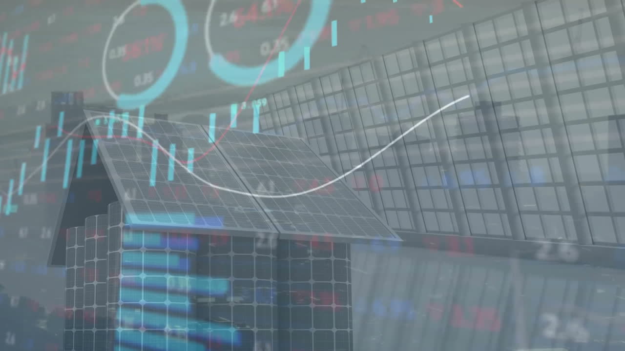 animación del procesamiento de datos financieros en paneles solares