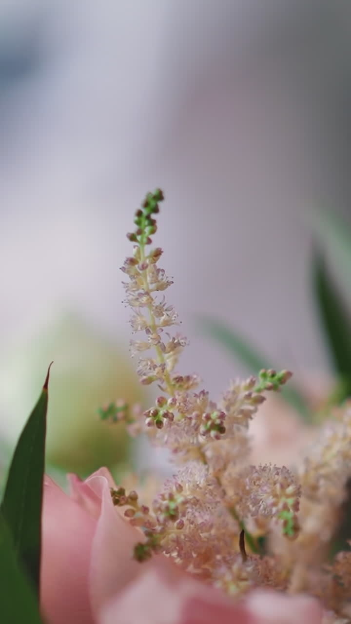 Festive bouquet with eustomas and windflowers on fuzzy background closeup. Wedding ceremony organization. Floral ornate element for bridal event
