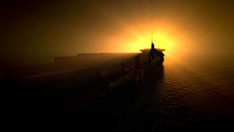 cargo ship sailing into the sunset