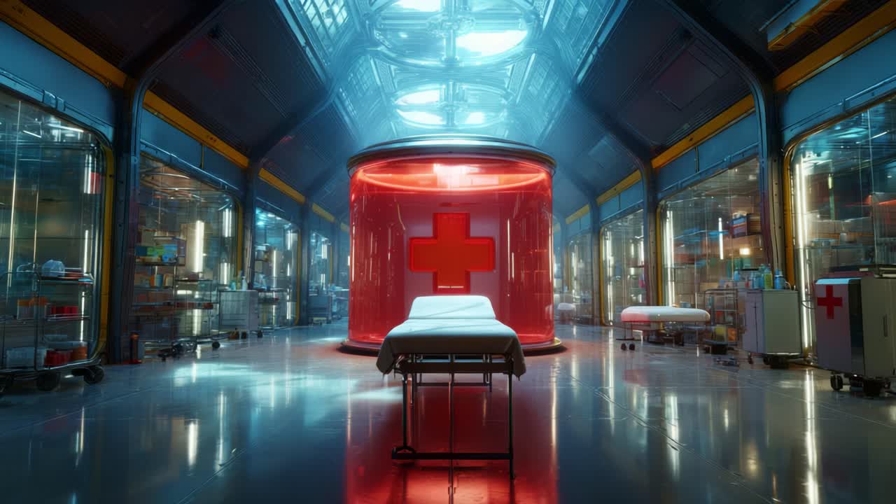 Futuristic Medical Facility Featuring a Central Red Cross Pod and Sterile Surroundings with Well-Organized Medical Equipment and Ambient Lighting for Advanced Healthcare Solutions