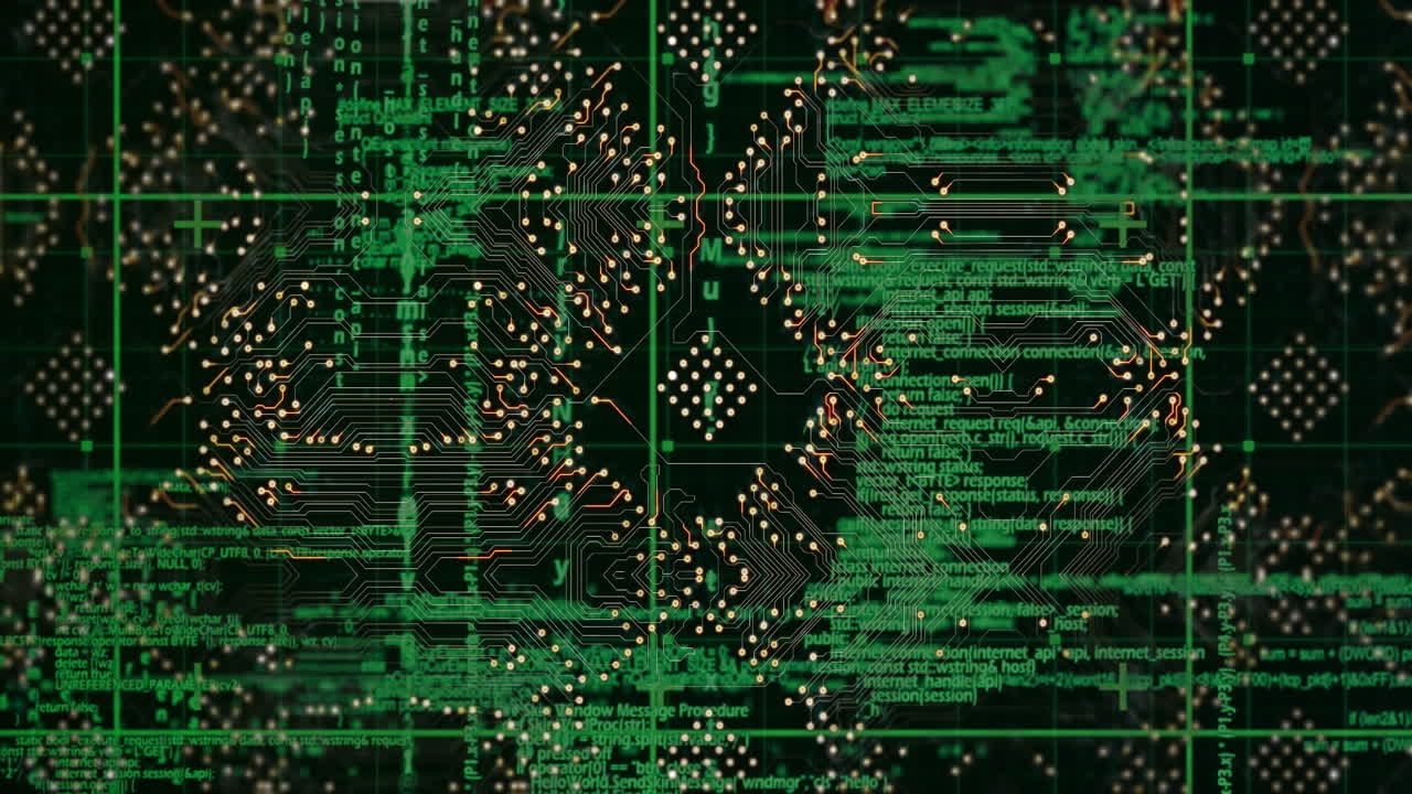 datenverarbeitung über rasternetzwerk gegen mikroprozessorverbindungen auf schwarzem hintergrund