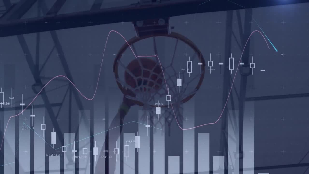 Animation of data processing over male basketball player at gym