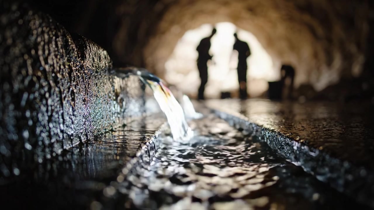 Erkundung der Tiefen: Ein Einblick in eine Höhle mit fließendem Wasser und silhouettierten Figuren im Hintergrund, der die Schönheit und Gelassenheit der Natur in Bewegung einfängt.