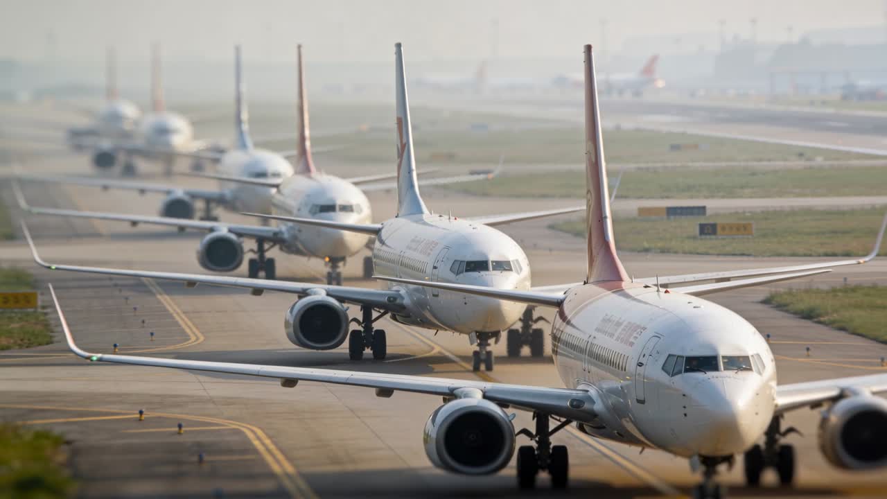 Jato de fuselagem estreita à frente taxando e avançando lentamente na pista de taxiamento, puxando jatos enfileirados em direção à pista de decolagem.