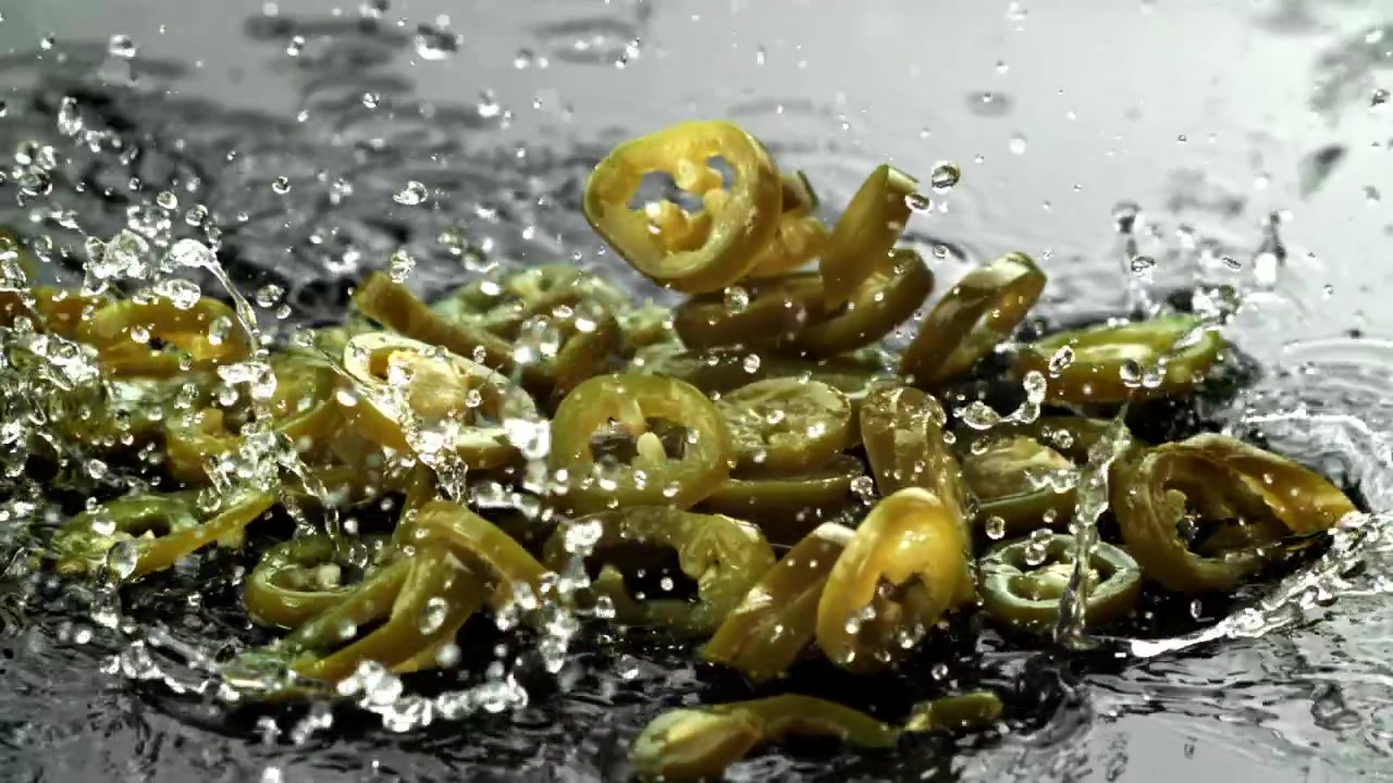 Fresh Sliced Jalapeño Peppers Dropping into Water in Slow Motion