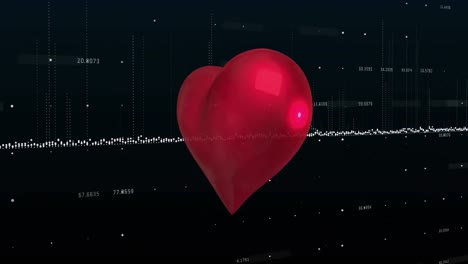 animation of rotating red heart over moving line and numbers of data processing, on black background