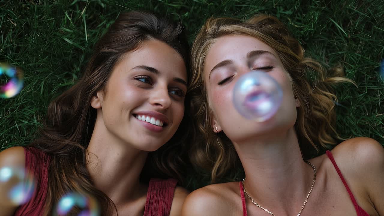 Due ragazze ridono sdraiate sull'erba. Una soffia una bolla che le fluttua vicino. Condividono momenti gioiosi e spensierati. Ideale per scene di gioventù, amicizia o estate.