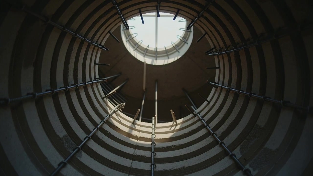 Shifting daylight in ribbed concrete shaft causing vertical cable swinging, casting shadows on ribs